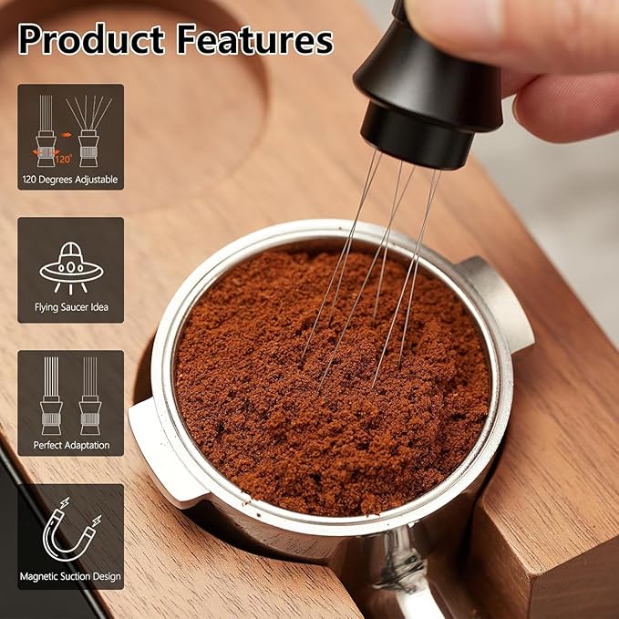 IKAPE 51MM Black Espresso Tool Set 8 IN 1, Coffee Tamper, Distributor, Magnetic Funnel, Puck Screen, Tamper Station, Stirrer Distribution Tool, Cleaning Towel and Brush