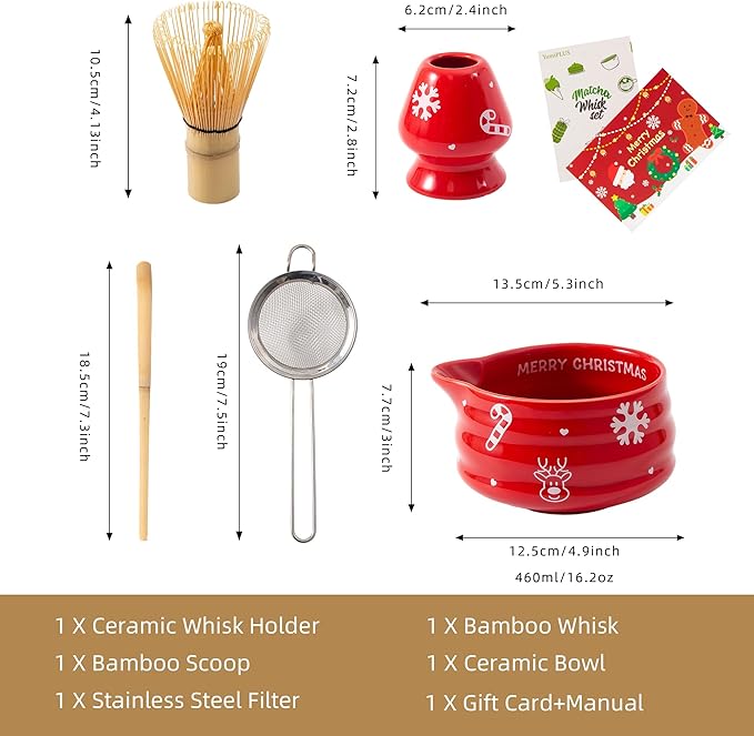5pcs Premium Matcha Set,Ceramic Bowl with Spout and Bamboo Whisk set, Ceremonical Matcha Kit for breakfast/latte,Tea Starter Making Kit,Christmas Matcha Gift set (Reindeer Red)