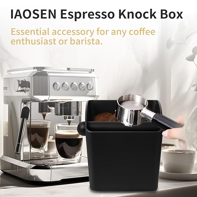 Large Square Knock Box Shock-absorbent Knock Box Espresso with Removable Knock Bar and Non-Slip Base Espresso Accessories for Home/Office (Large Black Knock Box with Tamper Mat)
