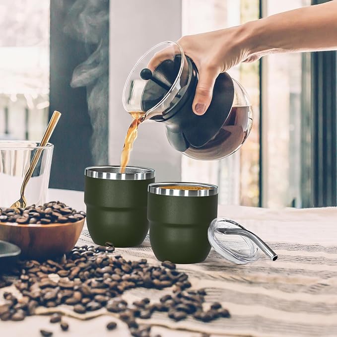 4oz Stackable Cup, Vacuum Insulated Espresso Cup Set of 2, Espresso Shot Glass for Coffee, Double Wall Stainless Steel Mini Tumbler Shot Glasses with Straw and Lid (A-green2P, 4oz)