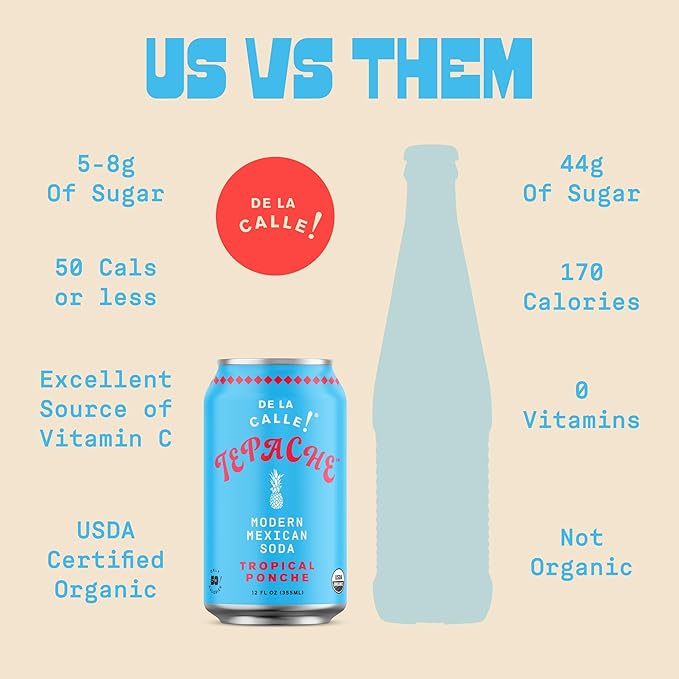 De La Calle Tepache - Tropical Ponche - Modern Mexican Soda - Craft Fermented Pineapple Sparkling Beverage - Certified Organic, Antioxidant Rich, Non-Alcoholic, Healthy Soda, Low Sugar, Low Calorie, Non-GMO