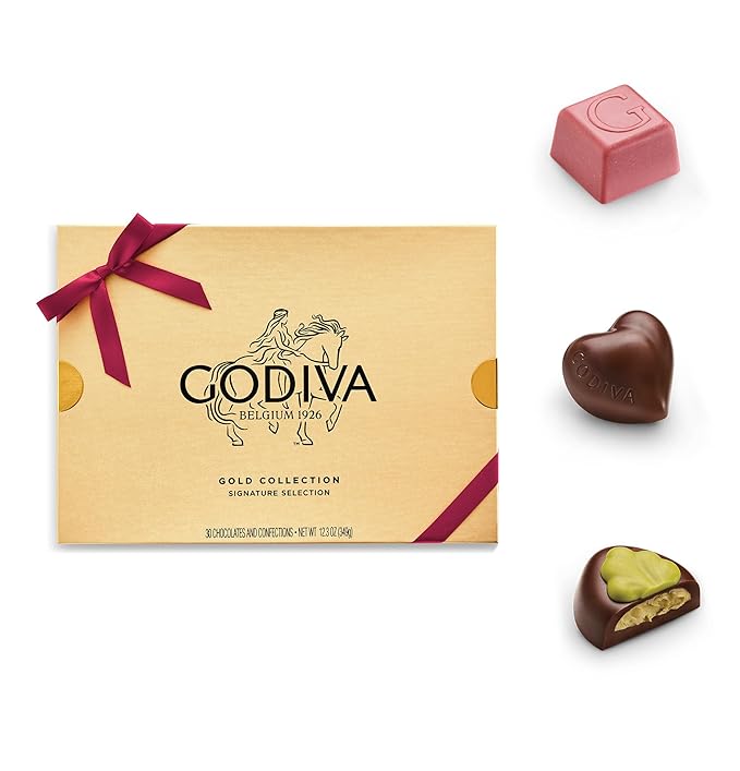 Godiva Red Bow Gold Assorted Chocolate Gift Box, Belgian Dark and Milk Chocolates with Pralinés, Ganaches & Caramels, Gourmet Holiday Gift, Non-GMO & Kosher, 30 Pc