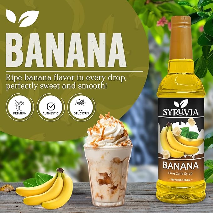 Syruvia Banana Flavored Syrup - 25.4 fl oz - Kosher Flavored Syrups, Gluten Free, No Coloring, Perfect for Drinks, Soda, Shakes, Cocktails, Desserts, and More.