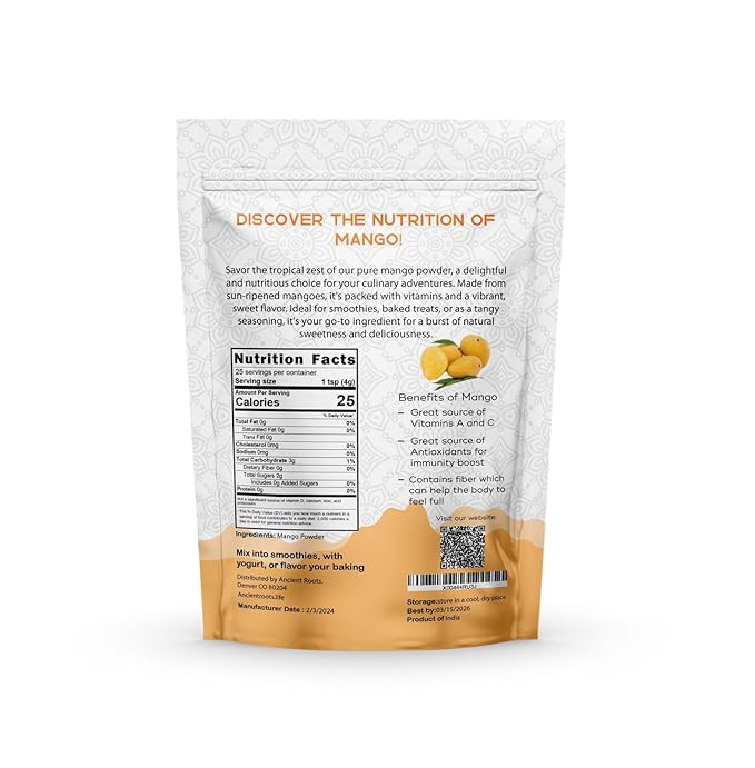 Ancient Roots Mango Fruit Powder - All-Natural Fruit Powder, Filled with Antioxidants, No Sugar Added, Indian Mango, Tropical Smoothie Mix - 3.5 ounces (25 Servings)