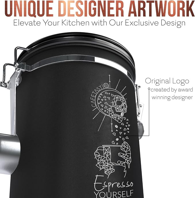 Large Coffee Canister – Airtight Stainless Steel Storage Container with Date Tracker & Scoop, Sealed Jar for Grounds, Beans, Tea, Flour, Cereal, and Sugar (Black Esspresso, 38OZ)