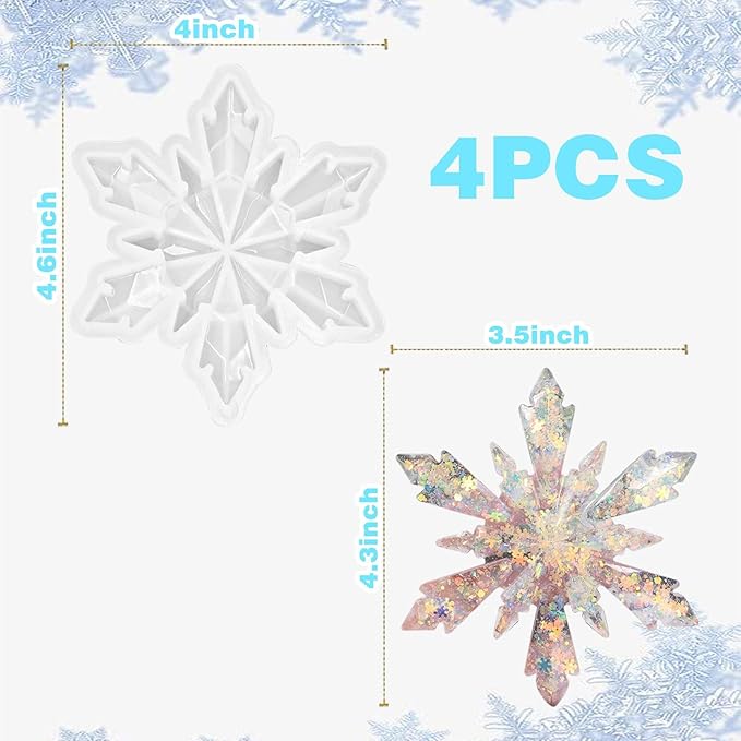 4Pcs Christmas Snowflake Silicone Mold Resin Ornament Molds for Epoxy Resin, DIY Xmas Pendant Home Decoration