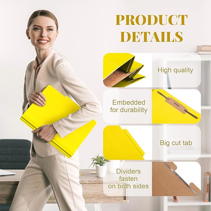 24 Pcs Classification Folders Letter Size, Back to School Supply for Teacher, Student, 1 Divider Pressboard File Folder Bulk with 2 Fasteners, 3.5 Inch Expanding File Organizer (Yellow)