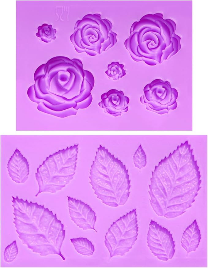 Rose Flower Fondant Molds, Flower and Leaves Silicone Molds, Cake Decoration Chocolate Molds for Cupcake Topper Candy Cookie Clay Crafting Projects Set Of 2