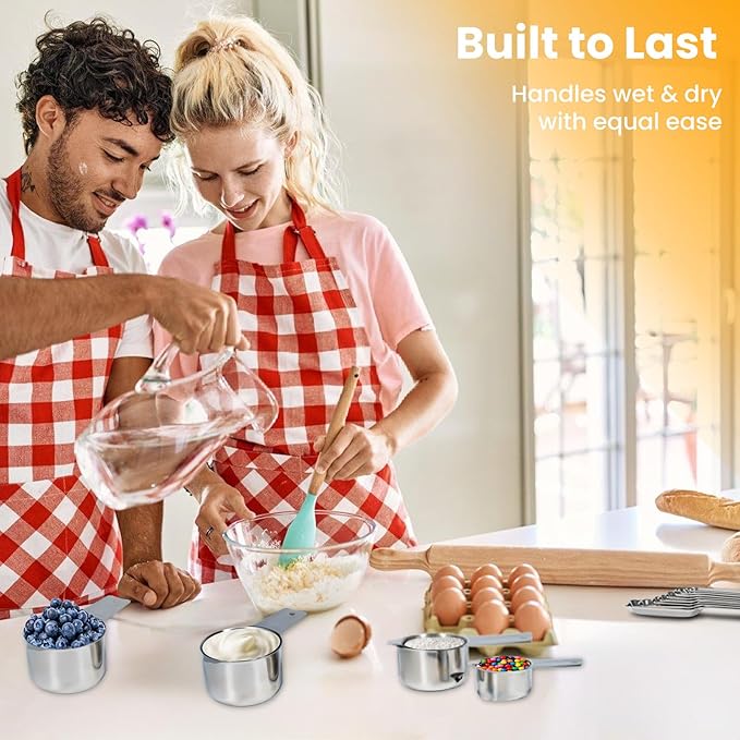 18PCS Measuring Cups and Spoons Set, Includes 7 Stainless Steel Nesting Cups, 6 Rectangular & 5 Mini Measuring Spoons Fits Narrow Jars, Kitchen Gadgets for Cooking & Baking