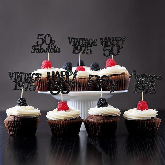 Gyufise 30Pcs Vintage 1975 Cupcake Toppers 50th Birthday Cake Decorations Cheers to 50 Fabulous Fifty Cupcake Picks 50th Birthday Wedding Anniversary Party Cake Decorations Supplies Black