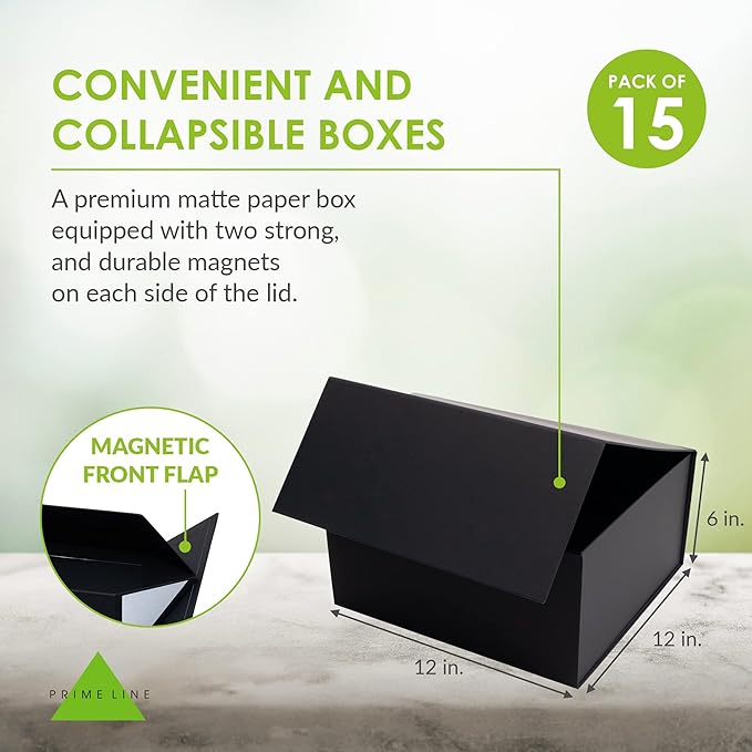 Prime Line Packaging Christmas Gift Boxes, Holiday Gift Boxes with Lids for Presents, Large Black Gift Box for Small Business Wrap, Weddings, Birthdays, Events, Bulk, 12x12x6, 15 Pack