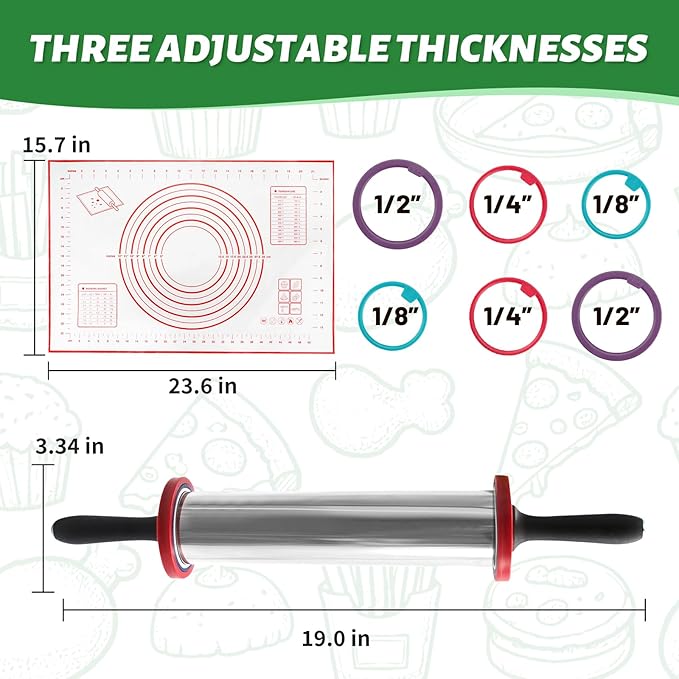 Rolling Pins,Rolling Pin and Silicone Baking Pastry Mat Set,Rolling Pins,Adjustable Stainless Steel Rolling Pin with Thickness Rings for Baking Dough,Pizza,Pie,Pasta(Red Mat)