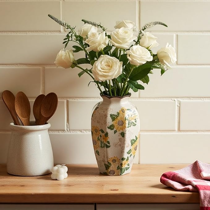 Vintage Pastoral Octagonal Vase, 9.3 Inch Ceramic Sunflower Flower Vases, Rustic Farmhouse Antique Chinoiserie Floral Vase for Wall Art Bedroom and Shelf Home Decor (Octagonal)
