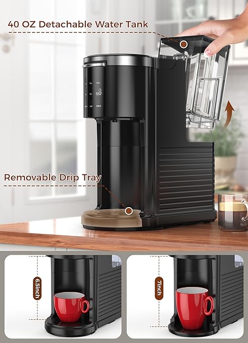 COWSAR Single Serve Coffee Maker, K Cup Coffee Brewer for Capsule and Ground Coffee, Capsule Coffee Machine with 40 Oz Water Tank, Instant-Heat, 5 Brew Sizes Up To 14 Oz, Black