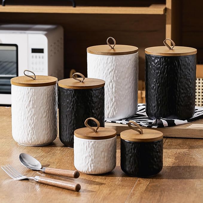 Kitchen Canisters for Countertop, Ceramic Coffee Canisters with Airtight Lids Food Storage Jars Sugar Container for Kitchen Counter Tea, Coffee Beans, Spice (#001Black-Set of 3)
