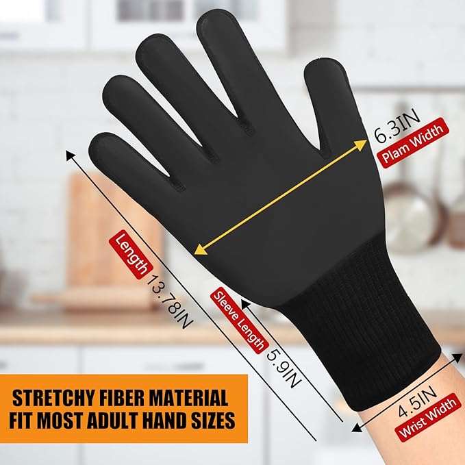 BBQ Gloves, Oven Gloves, 1472°F Extreme Heat Resistant Barbecue Gloves, Silicone Non-Slip Oven Mitts, Kitchen Gloves for Cooking, Grilling, and Baking (Black)