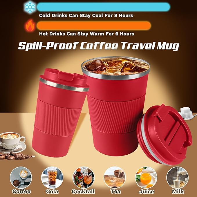 Vacuum-Insulated Stainless Steel Travel Coffee Mug, Leak-Proof Reusable Coffee Cup with Lid - Keep Hot & Cold Drinks for Hours, Durable Thermos Tumbler for Men & Women (3rd-Red, 12OZ)