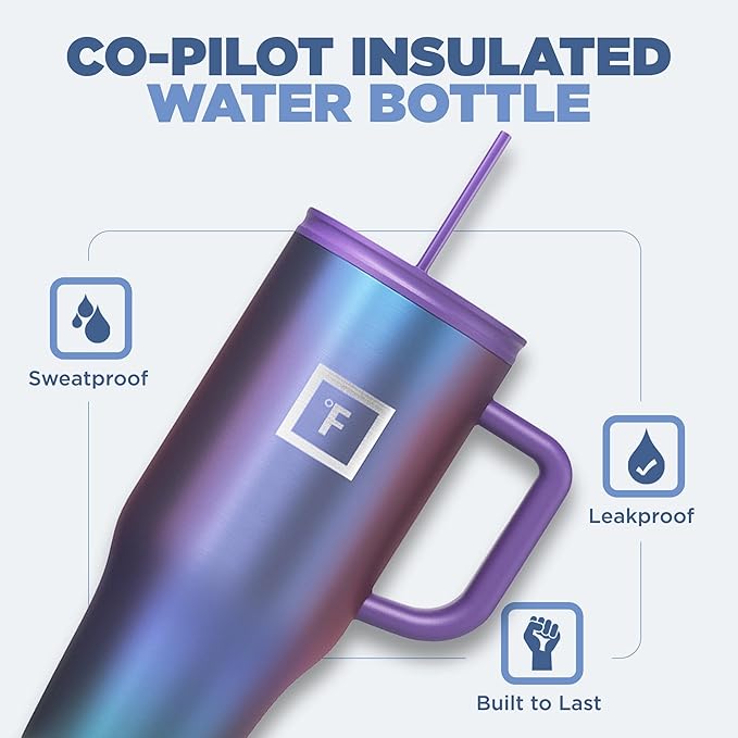 IRON °FLASK Co-Pilot Insulated Mug w/Straw & Flip Cap Lids - Cup Holder Bottle for Hot, Cold Drink - Leak-Proof - Water, Coffee Portable Travel Mug - Dark Pine, 32 Oz