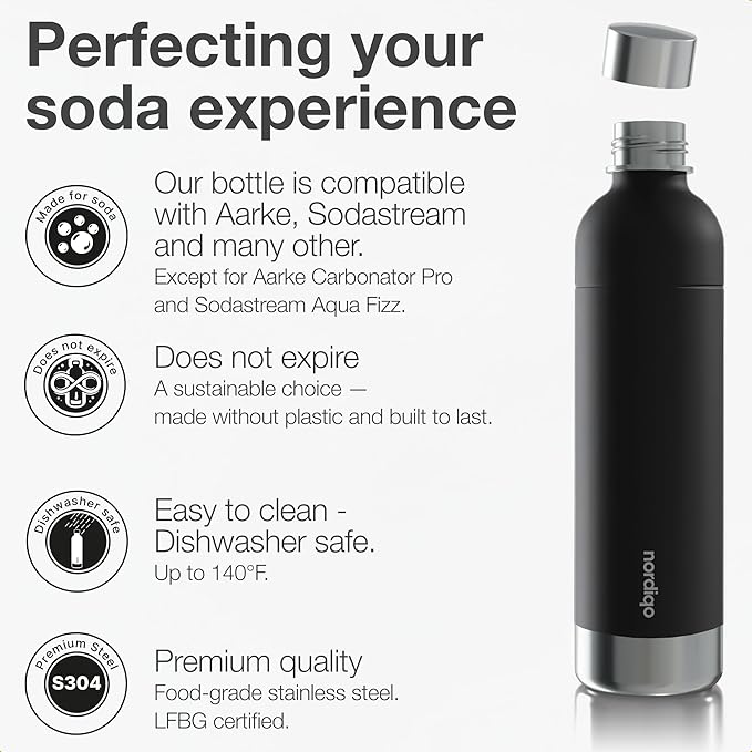 Stainless Steel Carbonating Bottle 33 oz | Compatible with Aarke Carbonator 3, Sodastream (Excl. model Aqua Fizz + Jet) and many others| Dishwasher Safe, No Expiration Date, BPA-Free