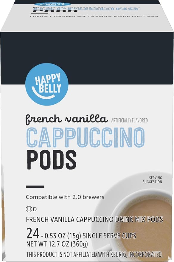 Amazon Brand - Happy Belly Cappuccino Coffee Pods Light Roast Compatible with 2.0 K-Cup Brewers, French Vanilla Flavored, 24 Count, 1.5 pound (Pack of 1)