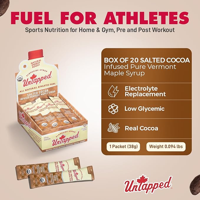 UnTapped Salted Cocoa Infused Vermont Maple Syrup Packets for Athletes, Box of 20-1 fl oz Each | Pure Maple Syrup with Rich Cocoa Extract and Sea Salt | Fuel to Keep You Running Longer