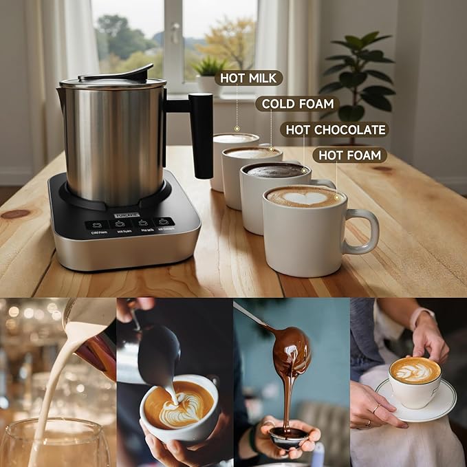 Electric Milk Frother and Steamer, 400ml(13.5oz) 4-in-1 Stainless Steel Pitcher with Auto Shut-Off, Hot & Cold Foam Maker and Milk Warmer for Lattes, Cappuccinos, Macchiato, Dishwasher Safe