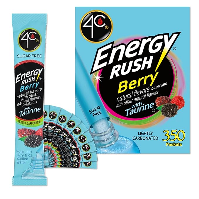 4C Powder Energy Rush Stix, Energy Rush - Berry 350 Count, Bulk Buy, Singles Stix, On the Go, Refreshing Water Flavorings, Value Pack