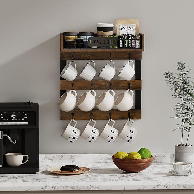 YINMIT Coffee Mug Holder Wall Mounted, Wood Mug Racks with 12 Hooks, Coffee Cup Holder for Wall with Storage Shelf, Cups Rack for Home, Kitchen