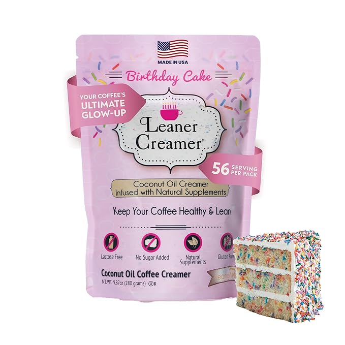 Leaner Creamer Coconut Creamer with Superfood Ingredients – Non-Dairy, Sugar-Free, Keto, Gluten-Free Powdered Coffee Creamer – Birthday Cake – 280g