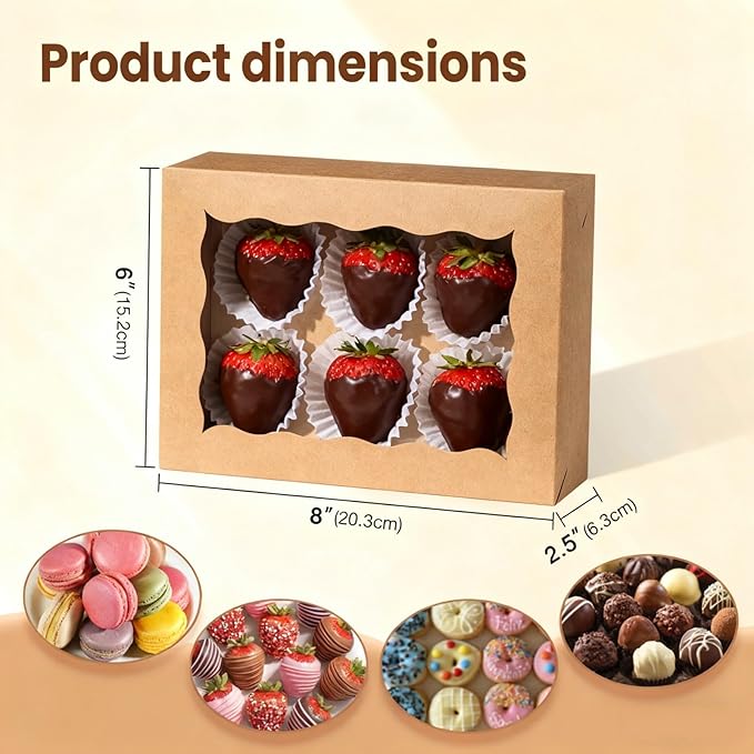 8x6x2.5 Inch 8PCS Baking Boxes with Window for Pastry,Treat,Macaron,Dount,Cookies,Chocolate Covered Strawberries,Brown Bakery Boxes Strawberry Boxes,Muffins