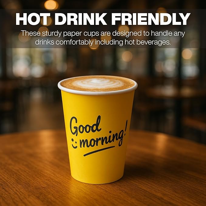 Smygoods Disposable Coffee Cups with Lids, To Go Paper Hot Cups, Good Morning Design (12 OZ, 100 Count) For Hot Beverages, Coffee, Tea, Espresso, Cocoa - Vasos Para Cafe