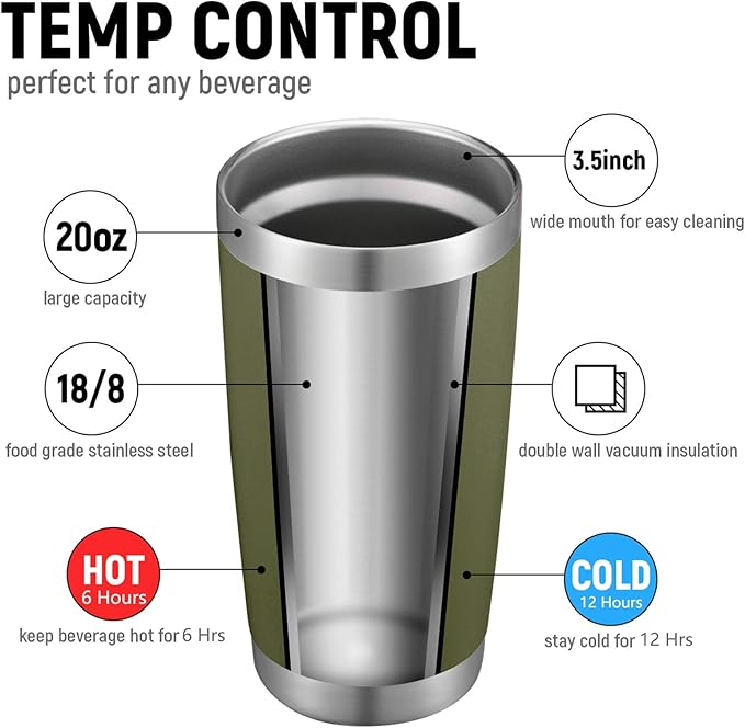 COMOOO 20oz Double Wall Vacuum Insulated Travel Mug, Stainless Steel Tumbler with Lid and Straw Durable Powder Coated Insulated Coffee Cup for Cold & Hot Drinks（Army Green, 1 Pack）