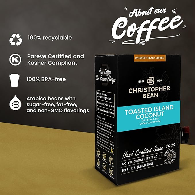 Christopher Bean Coffee - 396 servings, 30 to 1 Blend Bag in Box Liquid Instant Coffee or Cold Brew Coffee Concentrate - Hot or Iced Coffee - Toasted Island Coconut
