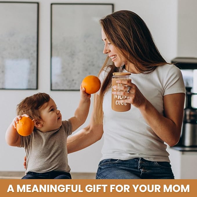 Gifts for Mom from Daughter Son - Mom 16 Oz Can Glass Coffee Cup with Bamboo Lid & Straw - Mothers Gift for Women on Birthday Mothers Day Valentines