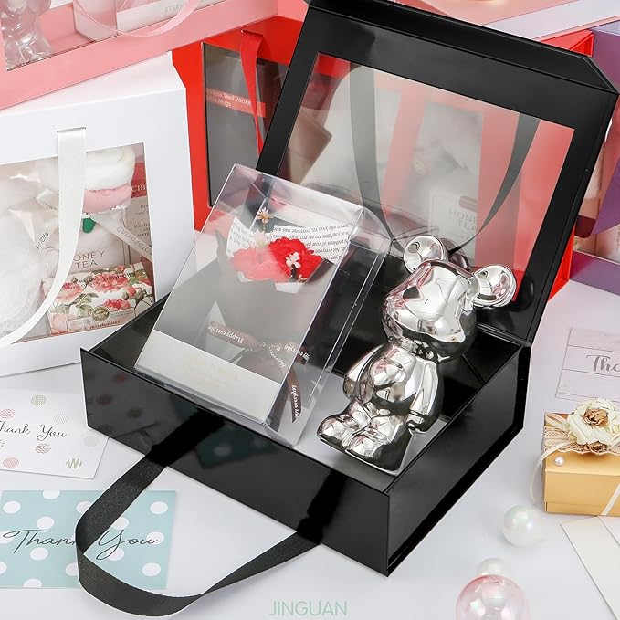 5 Black Gift Boxes with Windows, Clear Magnetic Gift Boxes with Handles for Presents, Groomsman Proposal Boxes (10.5x7.5x3 Inches