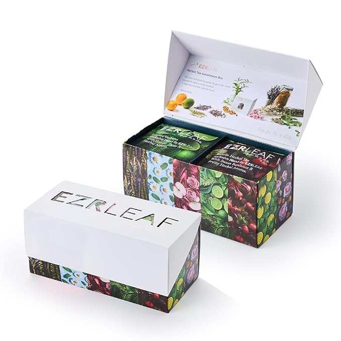 EZR Leaf Herbal & Fruit Tea Sampler Gift Box – 22 Pyramid Tea Bags with 9 Fruit & Floral Blends – Low & Caffeine Free Assortment for Relaxing Tea Lovers Lemon Verbena x3, Lemongrass & Herbs x2, Dreamland x2, Lime Pouchong x3, Nanyang Sencha x2, Blackcu...