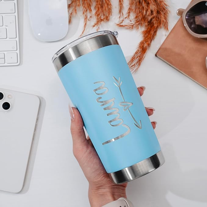 Personalized Tumbler with Engraved Name - 12 Designs, 20 Oz Coffee Tumbler with Slider Lid, Sky Blue, Double Wall Insulated - Custom Gifts for Women