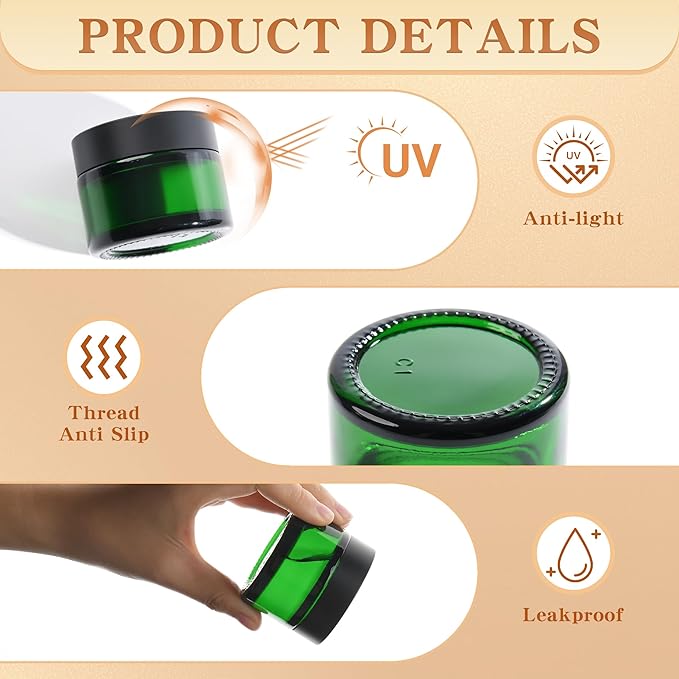 Glass Jars with Lids,Eco-Friendly Cosmetic Containers with Airtight Black Lids & Liners, Multi-Color Options for Cream, Lotion, Body Butter, DIY Skincare Travel Jars (Green, 2oz)