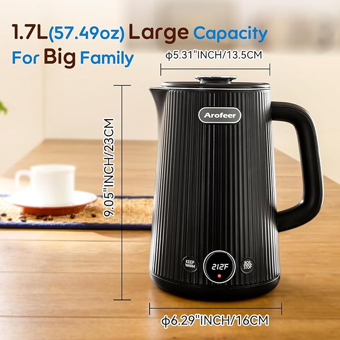1.7L(57oz) Large Electric Kettle Temperature Control, 7+Cups Electric Tea Kettle for Coffee&Tea, 2 quarts Big Hot Water Kettle Electric with,1200W,Keep Warm-Black