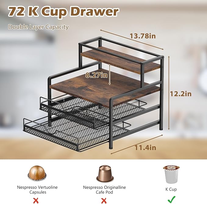 Coffee Bar Organizer, Coffee Pod Organizer,3 Tier Coffee Syrup Rack Organizer,72 K Cup Storage for Counter Storing K Cup,Coffee Syrups, Coffee Makers and Other Coffee Supplies-Rustic Brown