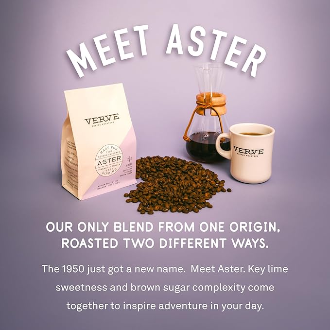 Verve Whole Bean Coffee | Aster Blend | Medium Roast Coffee Beans, Brewed or Espresso | Ethiopian Blend, Resealable Pouch | Hot or Cold Brew | Nectarine, Key Lime & Brown Sugar Notes | 12oz Bag