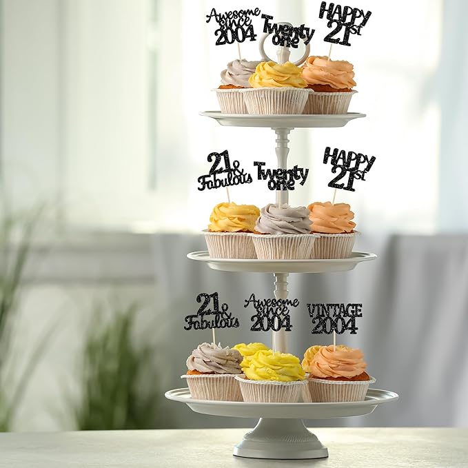 Gyufise 30pcs Vintage 2004 Cupcake Toppers Glitter Twenty-One Happy 21st Cupcake Picks Fabulous Anniversary Party Supplies Black