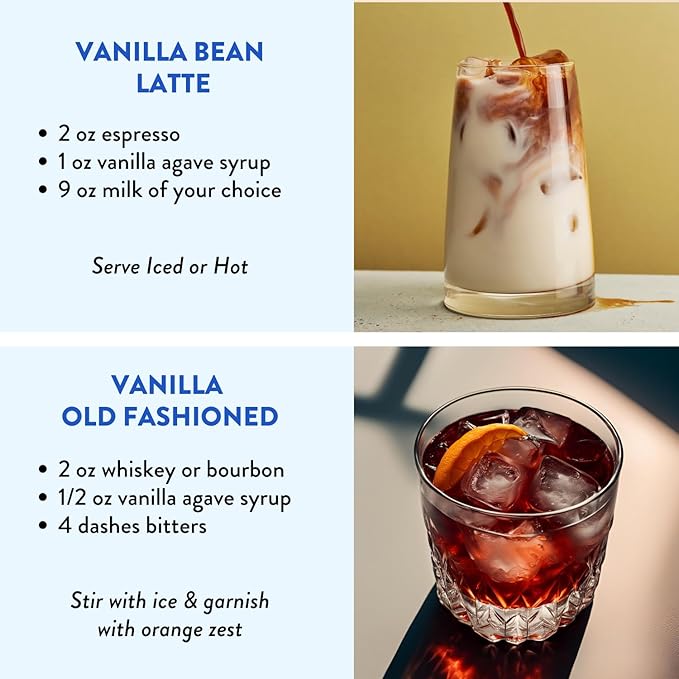 Vanilla Bean Agave Simple Syrup for Coffee & Cocktails - Sweetened with Organic Agave Nectar - Infused with Real Vanilla Bean - 36 oz