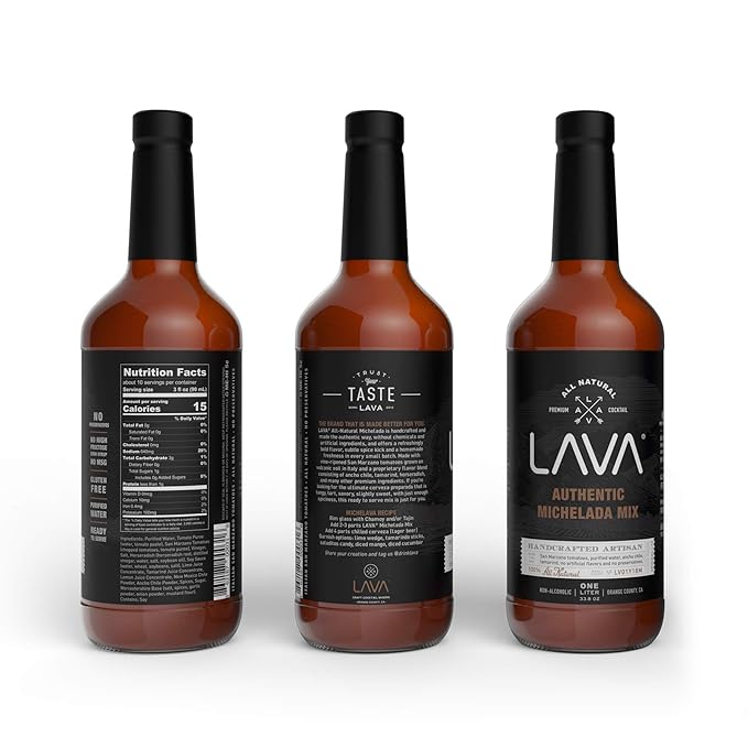 LAVA All Natural Authentic Michelada Mix Craft Cocktail Mixer, Made with Real Tomatoes, Ancho Chile Peppers, Tamarind, No Junk Ingredients, Vegan, 1-Liter (33.8oz) Glass Bottle, Ready to Use