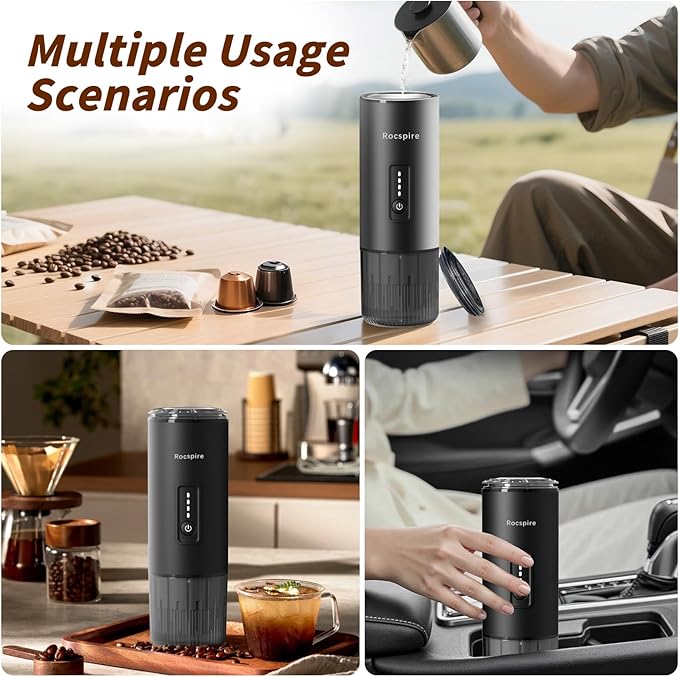 Stainless Steel Portable Espresso Maker | 7500mAh Rechargeable Battery | 20 Bar Self-Heating with USB-C | Works with Most Capsules Compatible for Camping, Travel, Outdoor (Black)