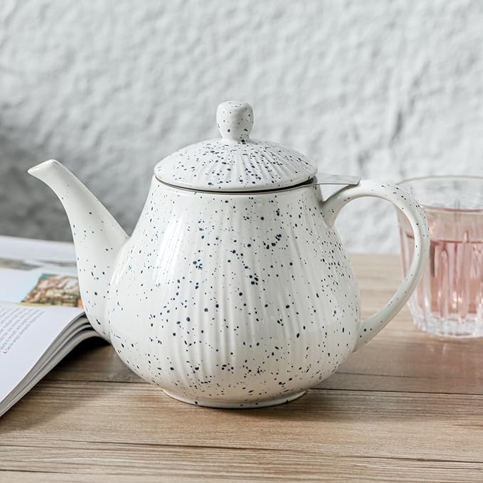 KOOV Ceramic Teapot with Infuser, 40 ounce Tea Pot with Infuser for Loose Tea, Large Enough For 6 Cups, Tea Pot with Tea Strainers, Splash Series (Splashed White)