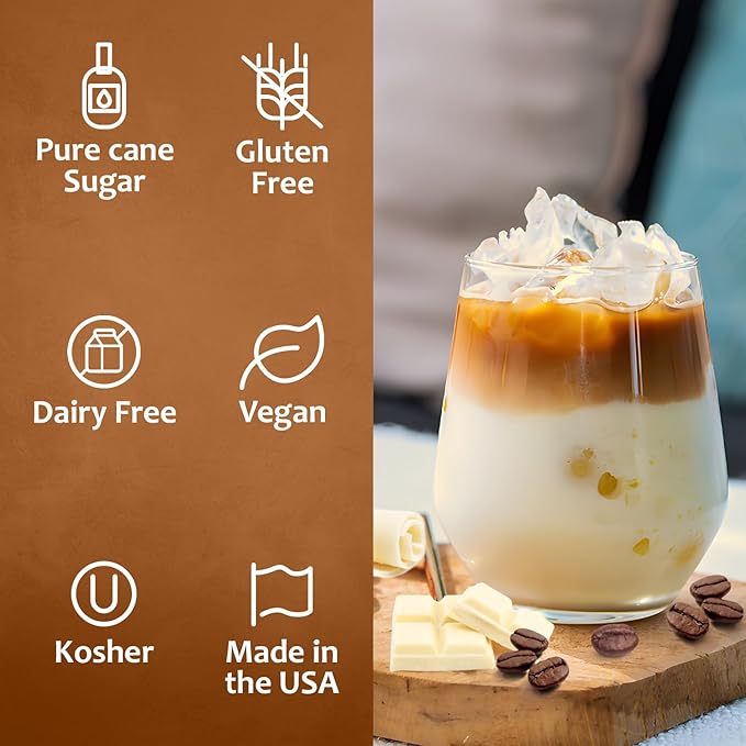 Syruvia White Chocolate Mocha Syrup For Coffee 25.4 Oz. - Kosher & Gluten Free, No Coloring, Perfect for Drinks, Soda, Shakes, Desserts, and More.