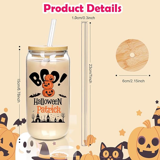 Personalized Halloween Tumbler-Boo Basket Stuffers- Can Shaped Glass with Lids and Straws18OZ -Halloween Gifts for Men Women Kids Son Daughter