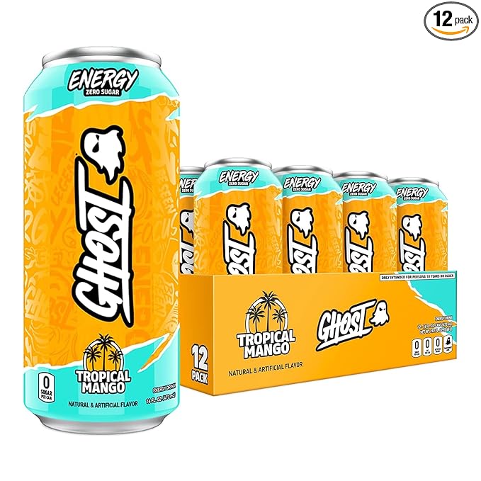 GHOST Energy Drink - 12-Pack, Tropical Mango, 16oz Cans - Energy & Focus & No Artificial Colors - 200mg of Natural Caffeine, L-Carnitine & Taurine - Gluten-Free & Vegan