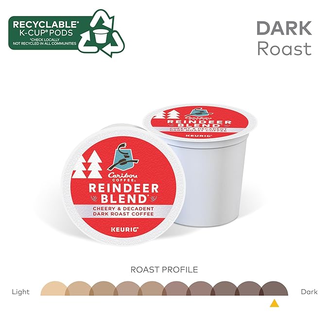 Caribou Coffee Reindeer Blend, Single-Serve Keurig K-Cup Pods, Dark Roast Coffee Pods, 88 Count